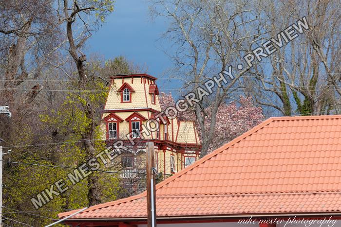 Protected preview of Red-Trimmed House Above the Rooftops, an original Mike Mester photograph