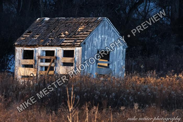 Protected preview of Weathered Blue Shed at Dusk, an original Mike Mester photograph